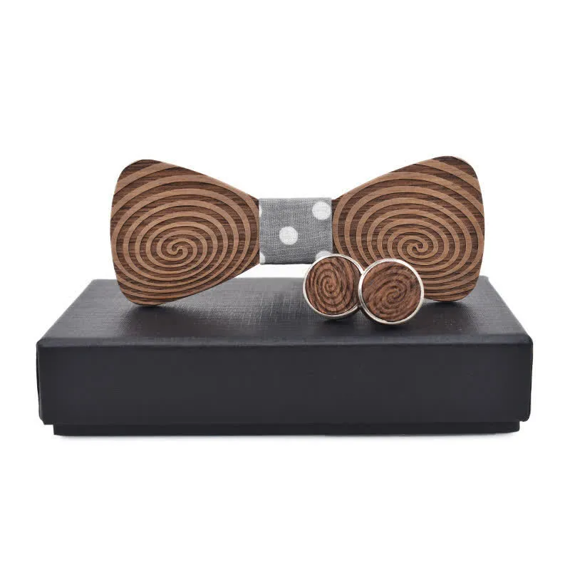 2Pcs Men's Hypnosis Swirl Printing Wooden Bow Tie Set