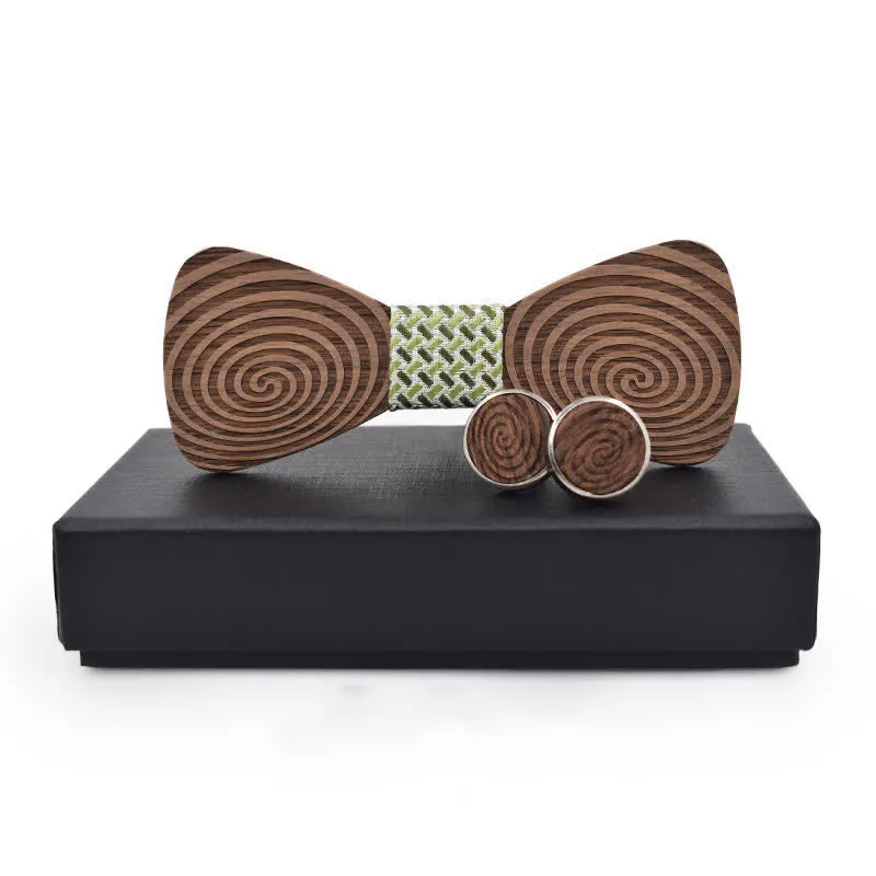 2Pcs Men's Hypnosis Swirl Printing Wooden Bow Tie Set