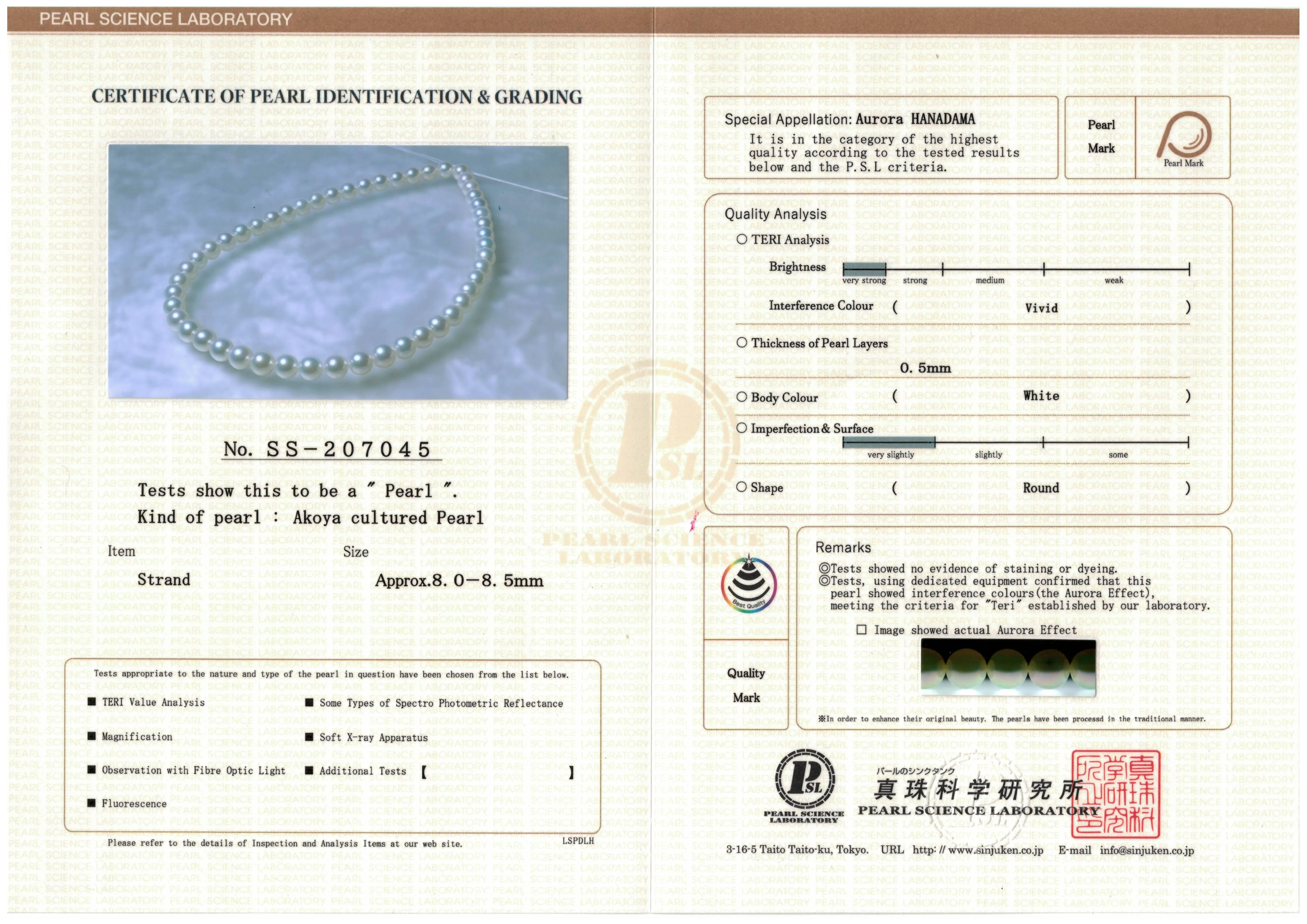 8.5-8.5 mm Hanadama Akoya Strand - PSL Certificate SS-207045