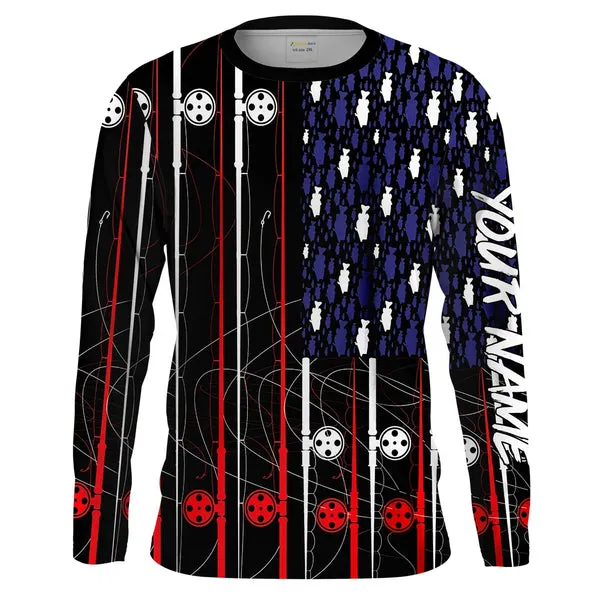 American Flag Patriotic Fishing Rod Long Sleeve Fishing Shirt Personalized Fishing Gift