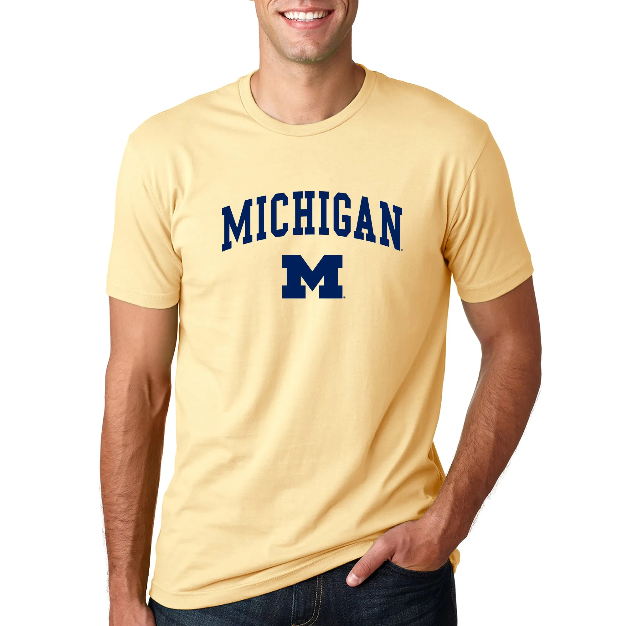 Arch Logo University of Michigan Next Level Premium Short Sleeve T Shirt - Banana Cream