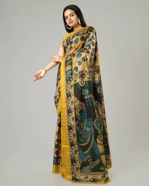 Attractive Mustard Kalamkari Printed Art Tusser Silk Saree