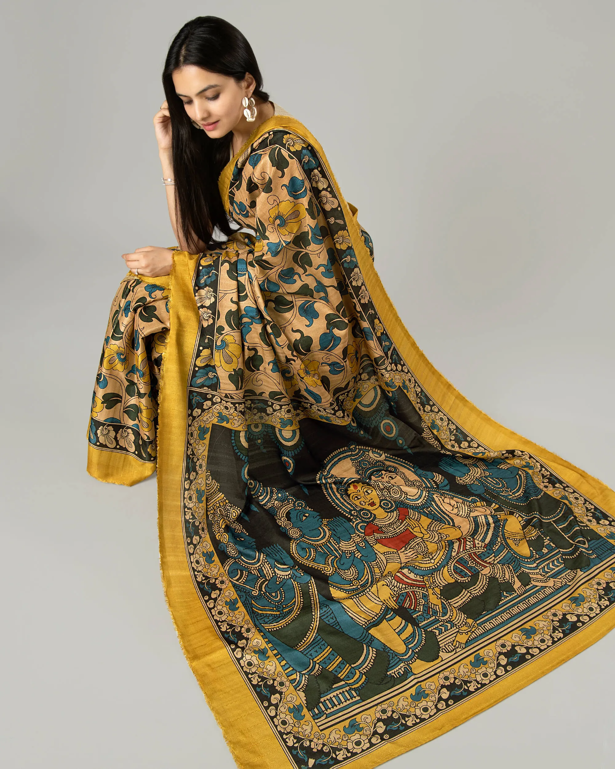 Attractive Mustard Kalamkari Printed Art Tusser Silk Saree