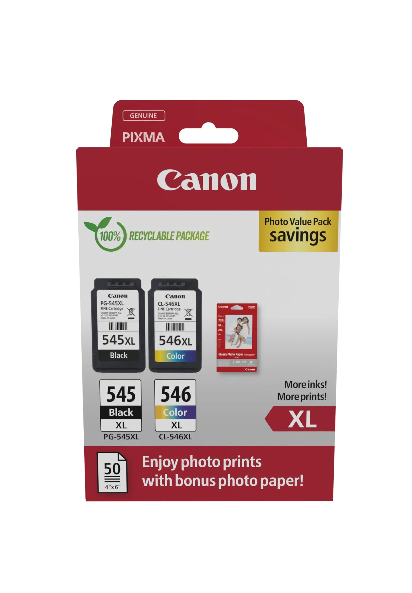 Canon Pg-545Xl/Cl-546Xl Photo Paper Value Pack - 2-Pack - High Yield - Black, Color (Cyan, Magenta, Yellow) - Original -