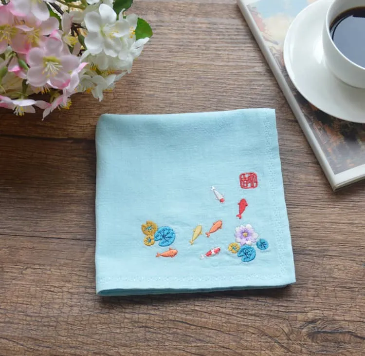 Chinese Handkerchief with the Embroidered Pattern of Koi (Customizable)