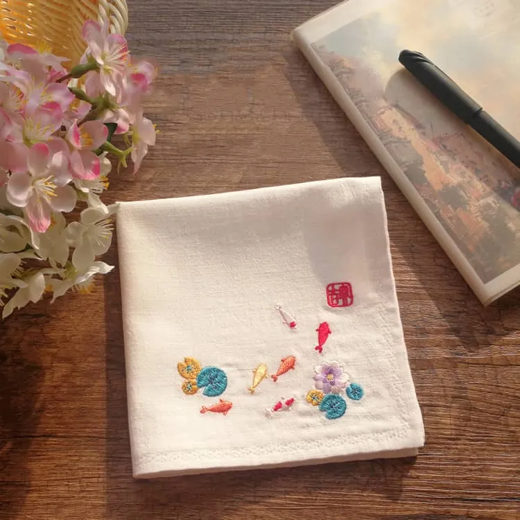 Chinese Handkerchief with the Embroidered Pattern of Koi (Customizable)