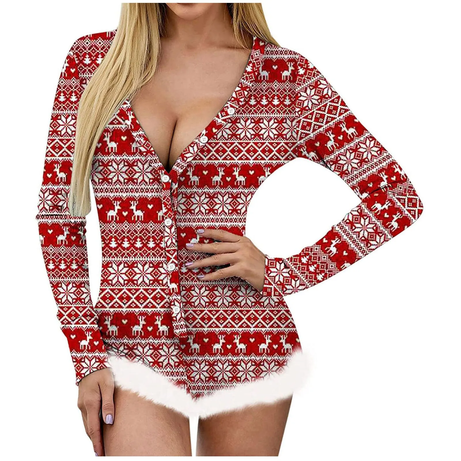 Christmas Onesie Women Winter Long Sleeve Christmas Print Faux Fur Romper Ladies Comfy Bodysuit Jumpsuit Playsuit Pajamas Pyjama