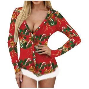 Christmas Onesie Women Winter Long Sleeve Christmas Print Faux Fur Romper Ladies Comfy Bodysuit Jumpsuit Playsuit Pajamas Pyjama