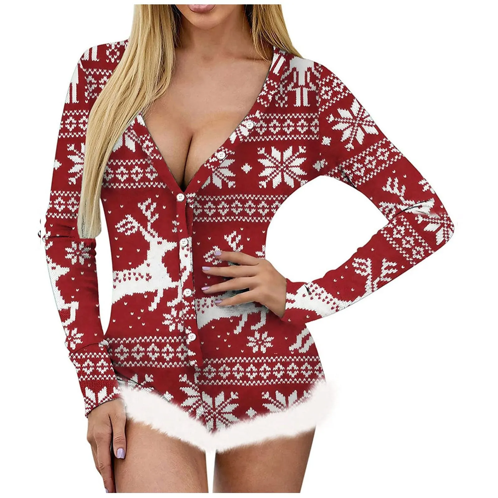 Christmas Onesie Women Winter Long Sleeve Christmas Print Faux Fur Romper Ladies Comfy Bodysuit Jumpsuit Playsuit Pajamas Pyjama