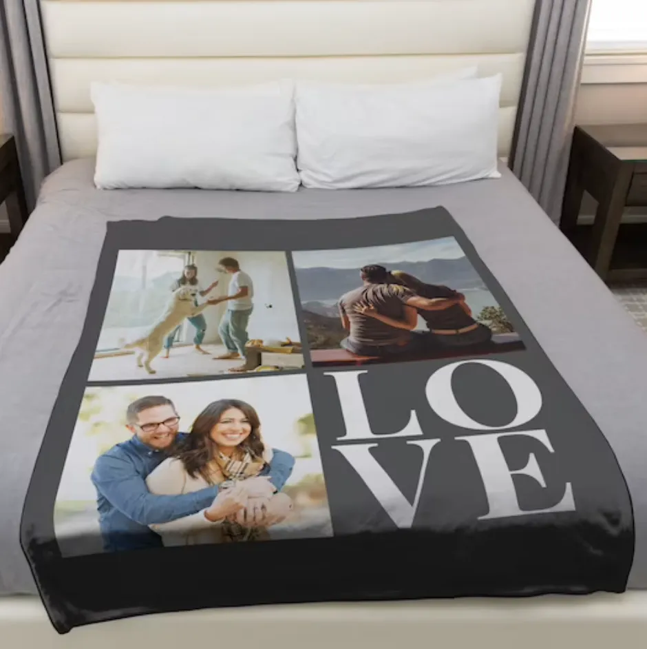 Custom Fleece 3 Photos LOVE  Blanket For Valentine's Day