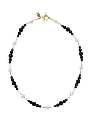 Exquisite Black Obsidian and White Freshwater Pearls Necklace LN071