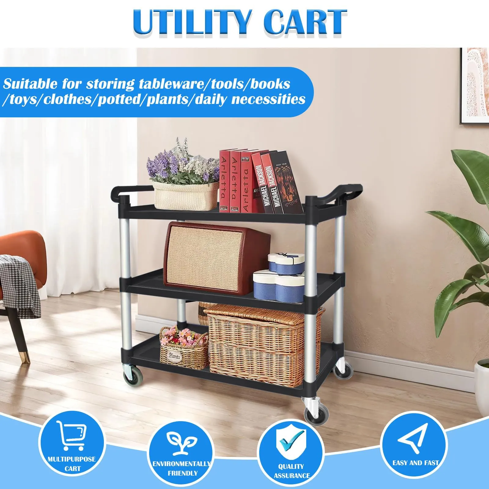 Large 3 Tier Utility Cart with 240KG Capacity, Black