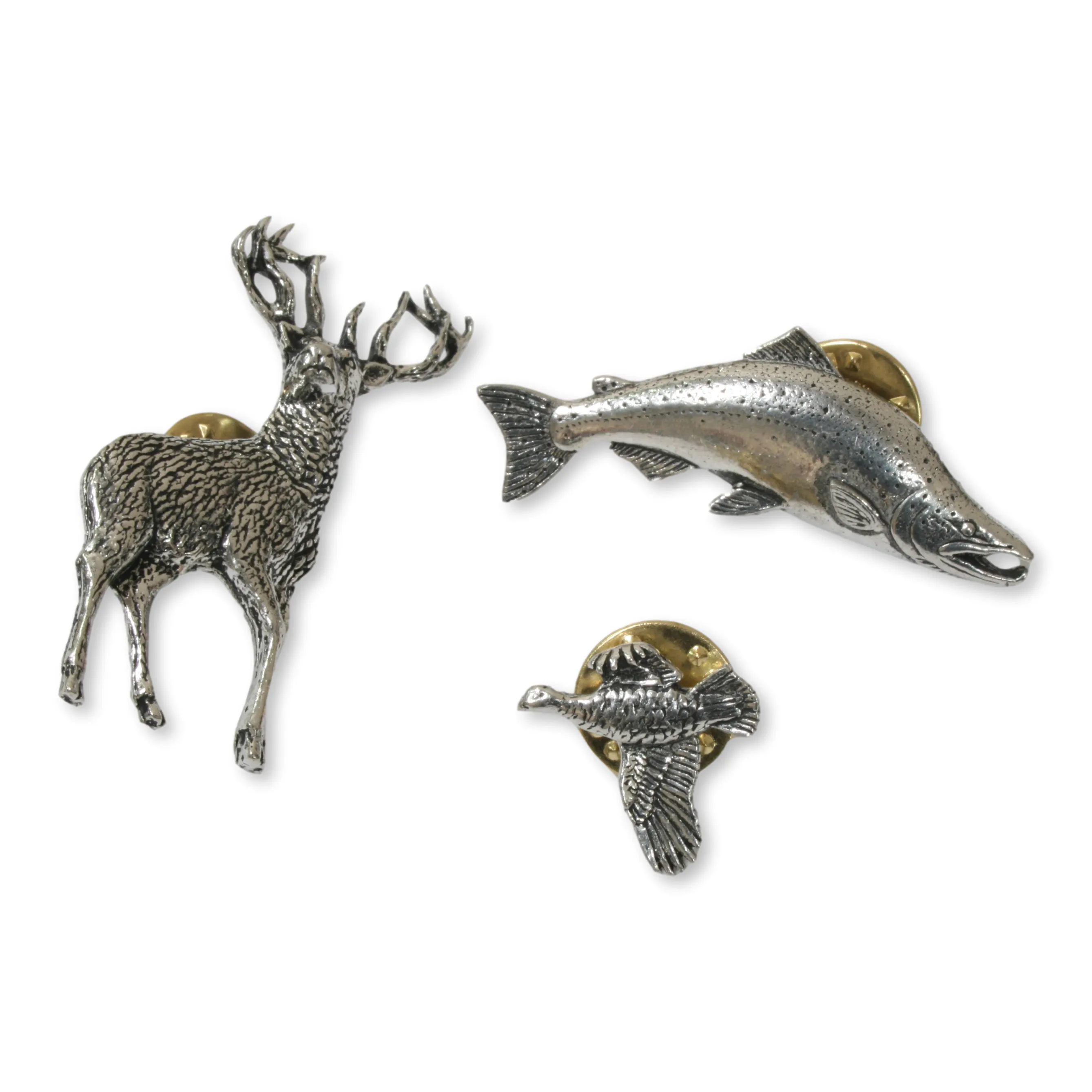 Macnab Challenge Pewter Pin Badges In Custom Box Stag, Salmon and Grouse