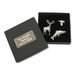 Macnab Challenge Pewter Pin Badges In Custom Box Stag, Salmon and Grouse