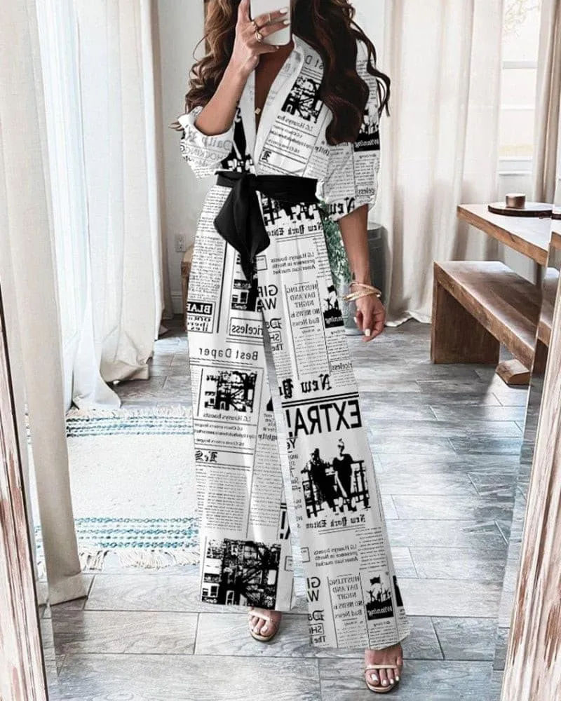 Newspaper printing with belt loose jumpsuit