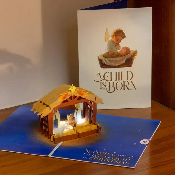 Pop Up Greeting Card A Child Is Born Nativity Light-Up