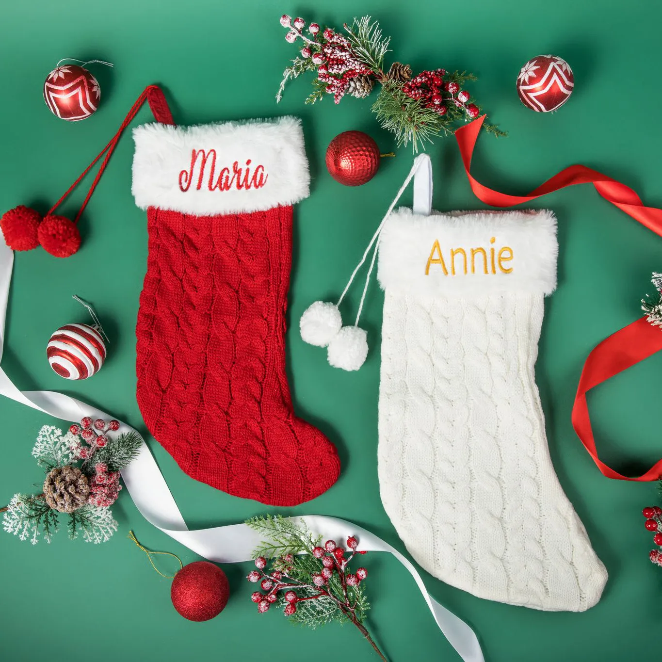 Red or White Cable Knit Christmas Stocking - Personalized Christmas Stocking