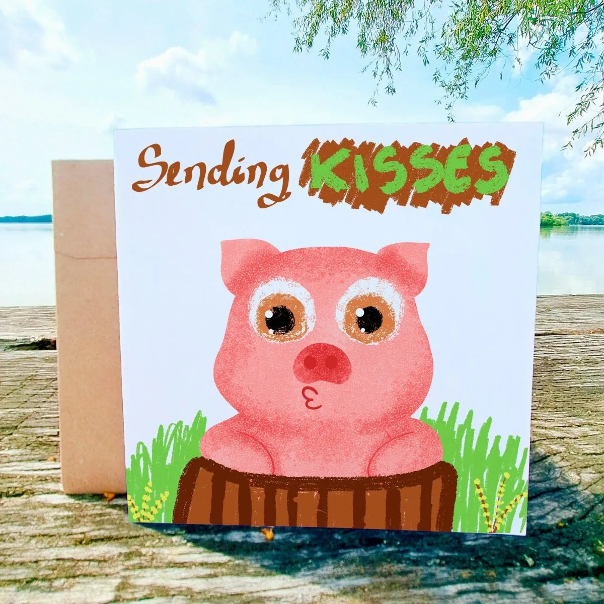 Sending Kisses Cute Pig Card, Adorable Animal Greeting, Sweet Pig in Nature, Perfect for Birthdays, Thank You, Thinking of You Gift Idea