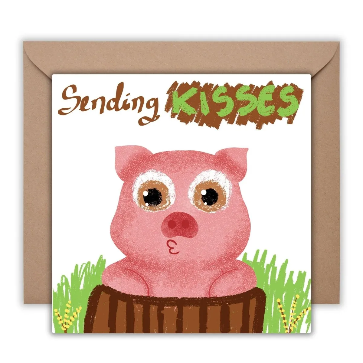 Sending Kisses Cute Pig Card, Adorable Animal Greeting, Sweet Pig in Nature, Perfect for Birthdays, Thank You, Thinking of You Gift Idea