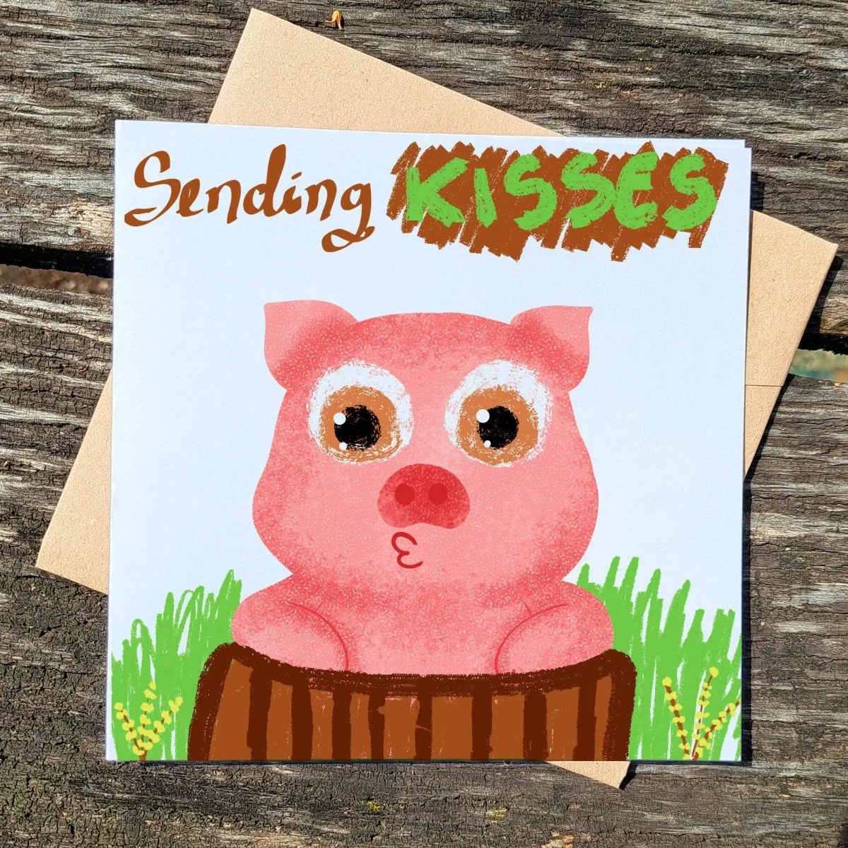 Sending Kisses Cute Pig Card, Adorable Animal Greeting, Sweet Pig in Nature, Perfect for Birthdays, Thank You, Thinking of You Gift Idea