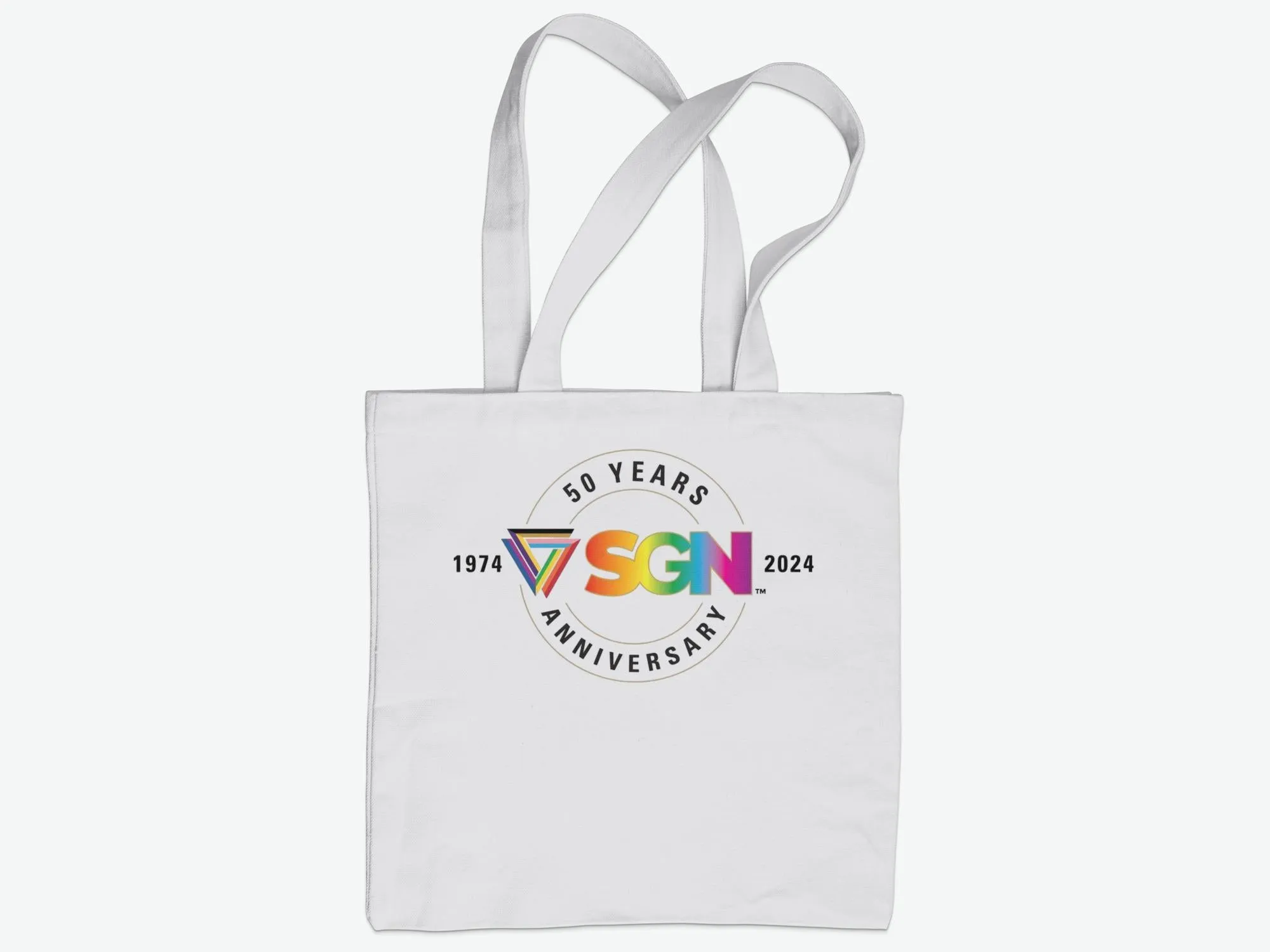 SGN Rainbow Gradient Anniversary LOGO Tote Bag, Eco Conscious Seattle Gay News Book or Grocery Tote