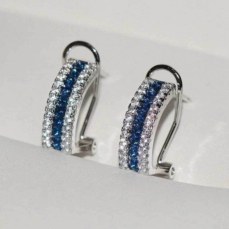 Wide Blue Square Sapphire Stud Earrings - 925 Sterling Silver