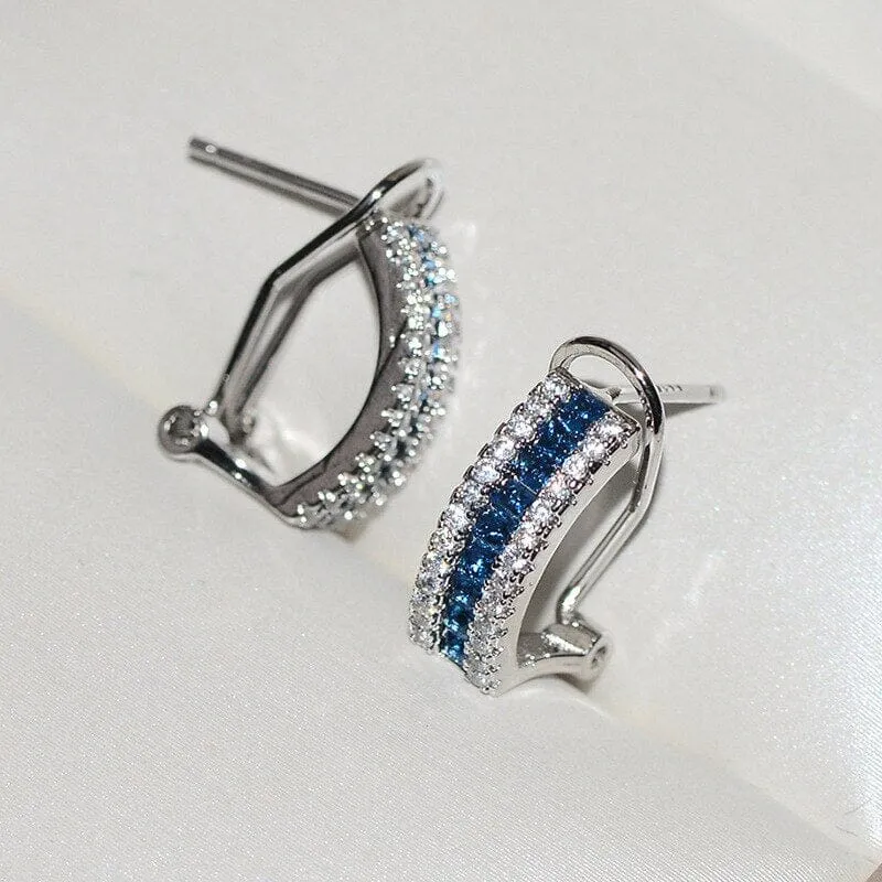 Wide Blue Square Sapphire Stud Earrings - 925 Sterling Silver